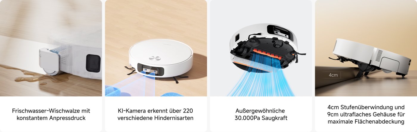 Es wurden vier Eigenschaften eines intelligenten Staubsaugers präsentiert: 1. Wischmopp mit konstantem Druck; 2. KI-Kamera erkennt 220 Arten von Hindernissen; 3. Starke Saugkraft von bis zu 30000Pa; 4. Kann Höhenunterschiede von 4 cm überwinden und hat ein 9 cm dünnes Gehäusedesign, das maximale Reinigungsabdeckung gewährleistet.