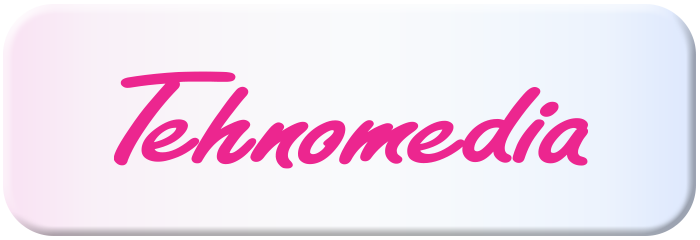 Tehnomedia se prikazuje na dugmetu sa gradijentnom pozadinom, a font je živopisne ružičaste boje.