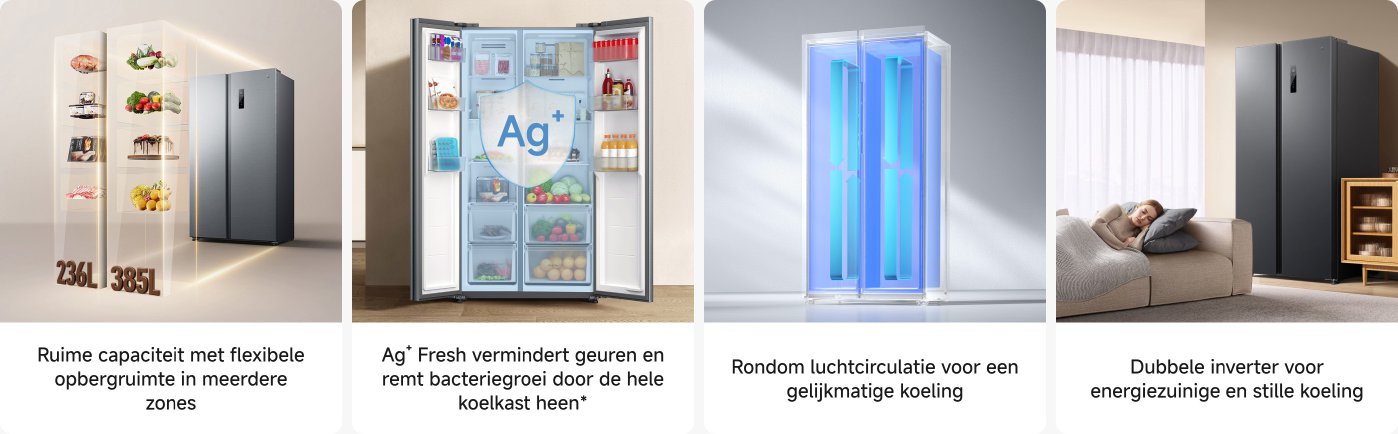 Er wordt een moderne koelkast getoond, met aan de linkerkant een doorzichtige laag die de interne opslagruimte toont, gemarkeerd met een capaciteit van 236L en 385L. In de koelkast bevinden zich verschillende voedingsmiddelen en dranken, met nadruk op de functies van antibacteriële werking en geurvermindering, evenals een gelijkmatige luchtcirculatie voor koeling. Aan de rechterkant is het uiterlijk van de koelkast te zien, met een warme huiselijke omgeving op de achtergrond.