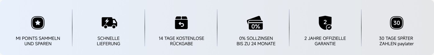 Fünf Funktionen wurden bereitgestellt, die folgenden Inhalte umfassen: 1. MI-Punkte sammeln und sparen; 2. Schnelle Lieferung; 3. 14 Tage kostenlose Rückgabe; 4. 0 % Zinsen, bis zu 24 Monate; 5. 2 Jahre offizielle Garantie und Zahlungsoption nach 30 Tagen.