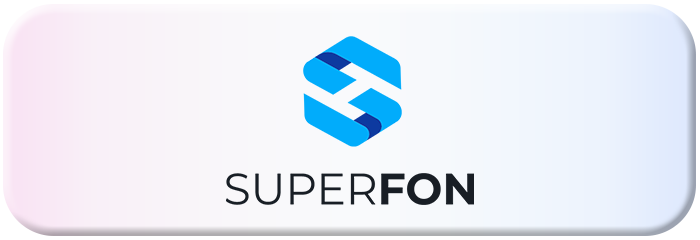 Slika prikazuje logo sa stilizovanim plavim dizajnom i tekstom "SUPERFON" u podebljanim, crnim slovima. Pozadina ima gradijentni efekat koji prelazi iz bele u svetlo rozu.