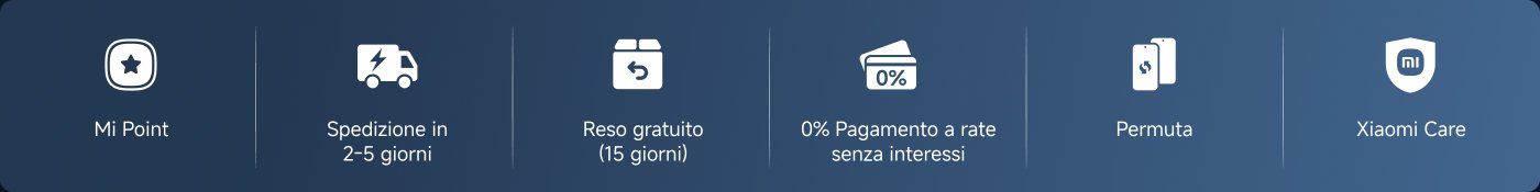 L'immagine contiene alcuni icone di suggerimento funzionale e testo, tra cui "Mi Point", "Spedizione in 2-5 giorni", "Reso gratuito (15 giorni)", "0% Pagamento a rate senza interessi", "Permuta" e "Xiaomi Care". Questi contenuti riguardano principalmente i servizi di acquisto e il supporto clienti.