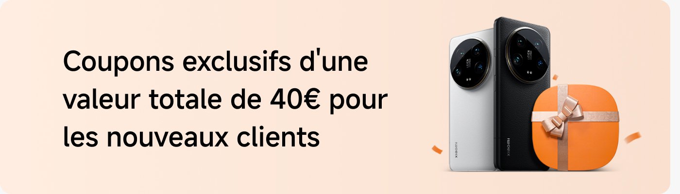 Publicité pour deux modèles de téléphones Xiaomi, avec une boîte cadeau orange à côté, le texte dit : "Coupons exclusifs d'une valeur totale de 40€ pour les nouveaux clients".