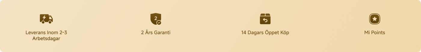 Bildet innehåller fyra nyckelfunktioner relaterade till en tjänst eller produkt:
1. **Leverans inom 2-3 arbetsdagar** - Angiven med en leveransbil ikon.
2. **2-års garanti** - Representerad med en sköld ikon.
3. **14 dagars öppen köp** - Angiven med en returpaket ikon.
4. **Mi-poäng** - Angiven med en stjärn ikon.
Bakgrunden är en mjuk beige färg.