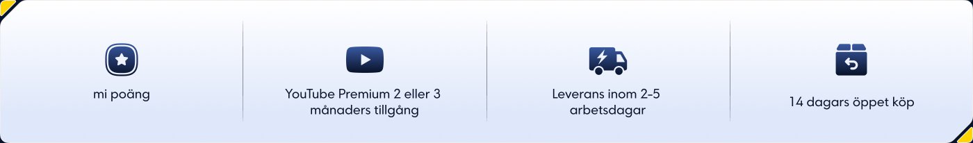 Visade flera ikoner och texter för tjänster och funktioner, inklusive:
1. **mi poäng** (mina poäng)
2. **YouTube Premium** 2 eller 3 månaders åtkomst
3. **Leveranstid** 2-5 arbetsdagar
4. **14 dagars öppen köp** (returpolicy)
Den övergripande bakgrunden är en gradientfärg, ikonerna är enkla och tydliga.