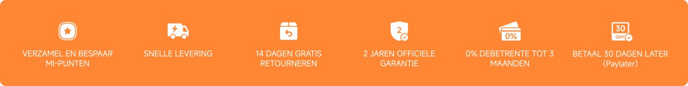 De afbeelding toont zes pictogrammen met hun bijbehorende tekstinformatie, die het volgende omvat:
1. Verzamel en bespaar MI-punten
2. Snelle levering
3. 14 dagen gratis retourneren
4. 2 jaar officiële garantie
5. 0% gespreide betaling tot 3 maanden
6. Betaling 30 dagen later (uitgestelde betalingsoptie)
De achtergrond is blauw.