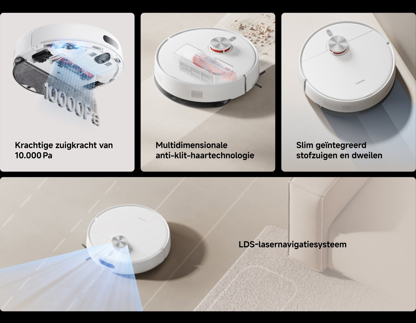 Slimme stofzuiger demonstratie, met de nadruk op zijn krachtige zuigkracht (10000Pa), multidimensionale anti-verstrikkings technologie, lasersysteem voor navigatie en slimme geïntegreerde stofzuigen en dweilen functie.