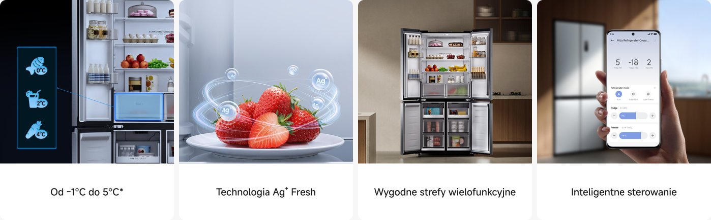 Obraz przedstawia nowoczesną lodówkę z różnymi sekcjami do przechowywania żywności. Podkreśla kluczowe cechy, takie jak ustawienia temperatury dla różnych komór, technologia Ag+ Fresh do przechowywania żywności oraz strefy wielofunkcyjne. Interfejs smartfona wyświetla obecne ustawienia lodówki, podkreślając inteligentne zarządzanie.