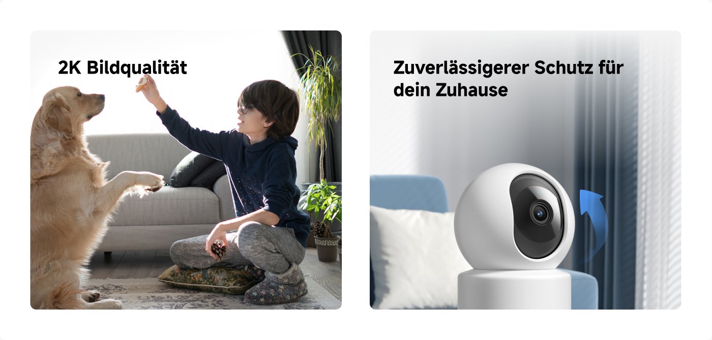 Der Golden Retriever interagiert drinnen mit einem Kind, das die Hand hebt, um Futter zu geben. Im Hintergrund sind ein Sofa und Vorhänge zu sehen. Unten wird eine weiße Sicherheitskamera angezeigt, der Text erwähnt "Zuverlässiger Familienschutz".