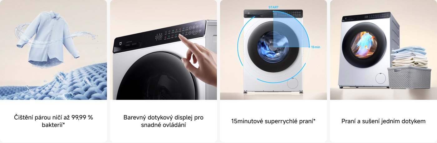 Na obrázku je zobrazena moderní pračka, jejíž rysy zahrnují:
- Modrá košile visící v proudu vody, což zdůrazňuje účinnost praní.
- Dotykový panel pračky pro snadné ovládání.
- Funkce „super rychlé praní za 15 minut“.
- Funkce „jemné praní a sušení“.