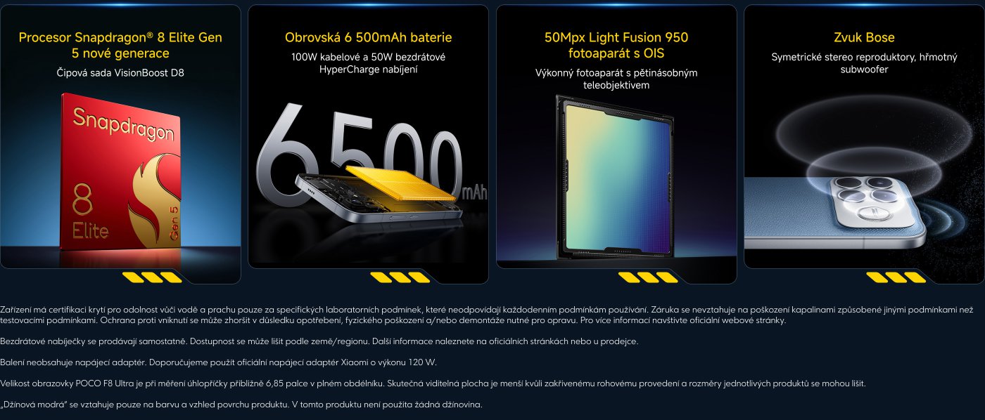 Procesor Snapdragon® 8 Elite Gen 5 s 6500mAh velkou baterií, podporuje 100W kabelové a 50W bezdrátové rychlé nabíjení. Vybaven 50Mpx Light Fusion 950 kamerou s OIS, poskytuje kvalitní fotografický zážitek. Obsahuje zvukový systém Bose s symetrickým stereem a hlubokými basy.