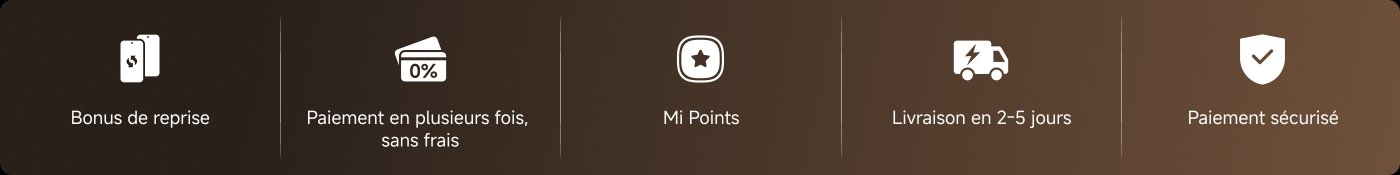 Des informations sur cinq services ou offres sont fournies, notamment : des primes de reprise de téléphone, des paiements échelonnés sans frais, des Mi Points, une livraison sous 2 à 5 jours et un paiement sécurisé.