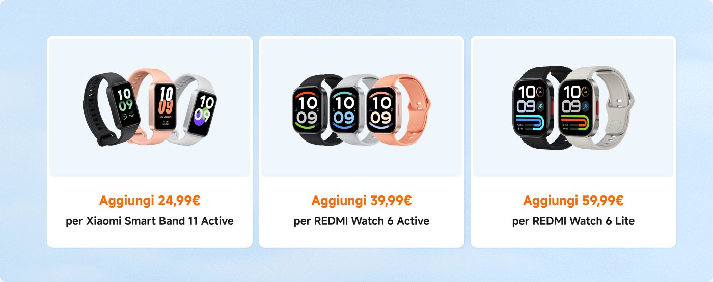 L'immagine presenta una selezione di smartwatch. A sinistra, è mostrato il Xiaomi Smart Band 11 Active, disponibile per €24,99. Al centro si trova il REDMI Watch 6 Active a €39,99, e a destra, il REDMI Watch 6 Lite è prezzato a €59,99. Ogni modello presenta design e colori diversi.