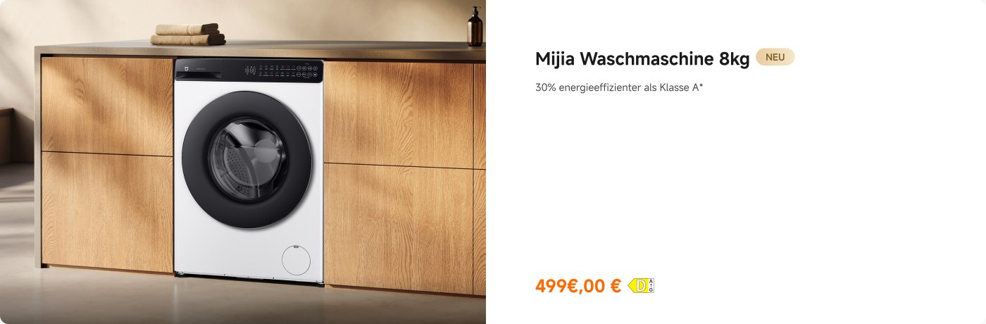 Eine Mijia 8 kg Waschmaschine, die mit 30 % höherer Energieeffizienz als Klasse A ausgezeichnet ist. Der Preis beträgt 499 Euro und wird als neues Produkt angezeigt. Die Waschmaschine steht vor einem Holzschrank, der Hintergrund ist eine helle Innenumgebung.