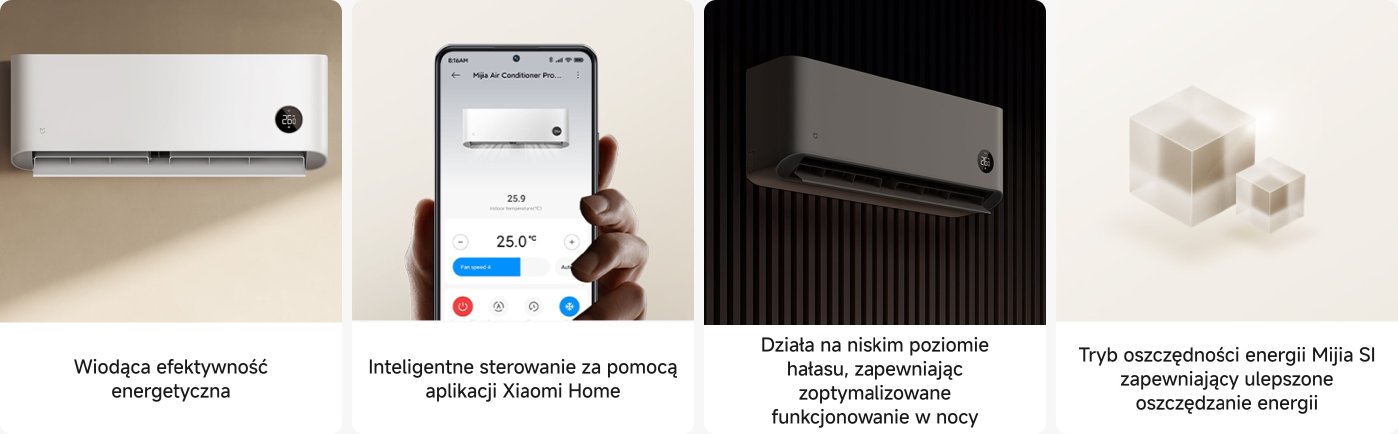 Prezentacja urządzenia klimatyzacyjnego, po lewej stronie znajduje się biała klimatyzacja, wyświetlająca temperaturę 26°C; w środku znajduje się ekran telefonu, który pokazuje klimatyzację sterowaną przez aplikację Xiaomi Home, z aktualną temperaturą 25°C; po prawej stronie znajduje się inny czarny klimatyzator, podkreślający cichą pracę i tryb nocny; tekst na dole wspomina o trybie oszczędzania energii Mijia.