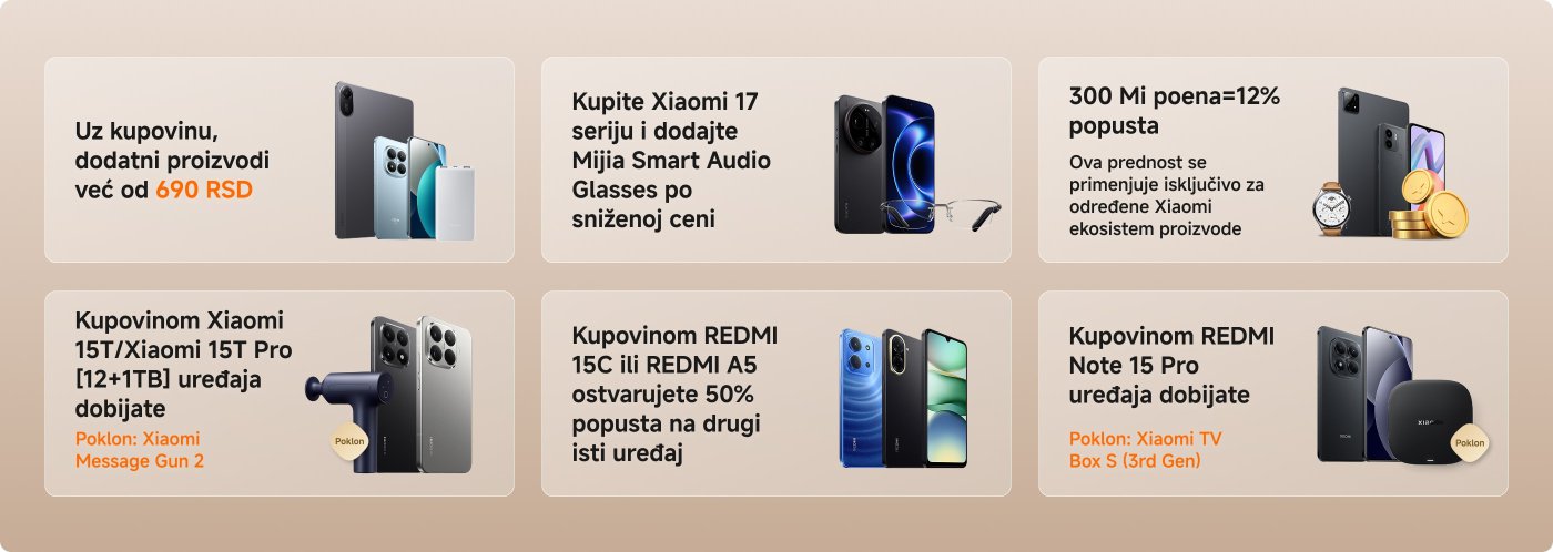 Kalendar aktivnosti - XFF 2026

1. **Od 1. aprila do 5. aprila**: Registrujte se i dobijajte Mi poene ili vaučere.
2. **Od 1. aprila do 17. aprila**: Prva prodaja serije POCO X8 Pro.
3. **Od 6. aprila do 31. aprila**: Kupovinom proizvoda dobijate dodatnih 99 RSD proizvoda.
4. **Od 6. aprila do 31. aprila**: Kupite seriju Xiaomi 17 i dodajte Mijia pametne audio naočare po sniženoj ceni.
5. **Od 10. aprila do 12. aprila**: Noćna akcijska prodaja.
6. **Od 1. aprila do 31. aprila**: Akcija brzih kupovina.