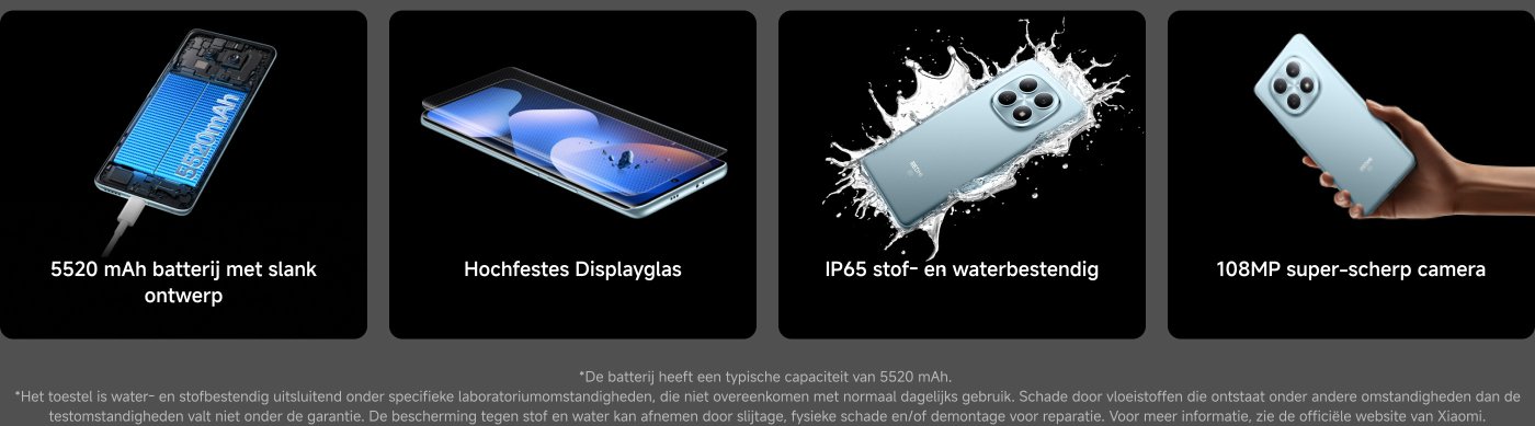Redmi Note 15 5G-telefoon, uitgerust met een 5520 mAh batterij, heeft een stijlvol ontwerp en een stevig glazen scherm met een IP65 stof- en waterbestendigheid. 108MP ultra-heldere camera, 6,77 inch FHD AMOLED-display, aangedreven door de Snapdragon® 6 Gen 3-processor. De startprijs is €279,99.