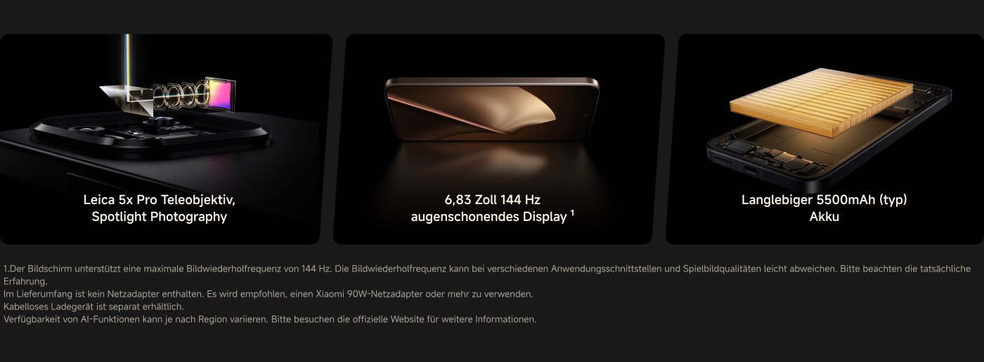 Es wurde ein Detail einer Smartphone präsentiert, einschließlich des Leica 5x Pro Teleobjektivs, eines 6,83 Zoll 144Hz Displays und eines 5500mAh Akkus. Das Design des Handys ist exquisit und eignet sich für leistungsstarke Fotografie und Spiele.