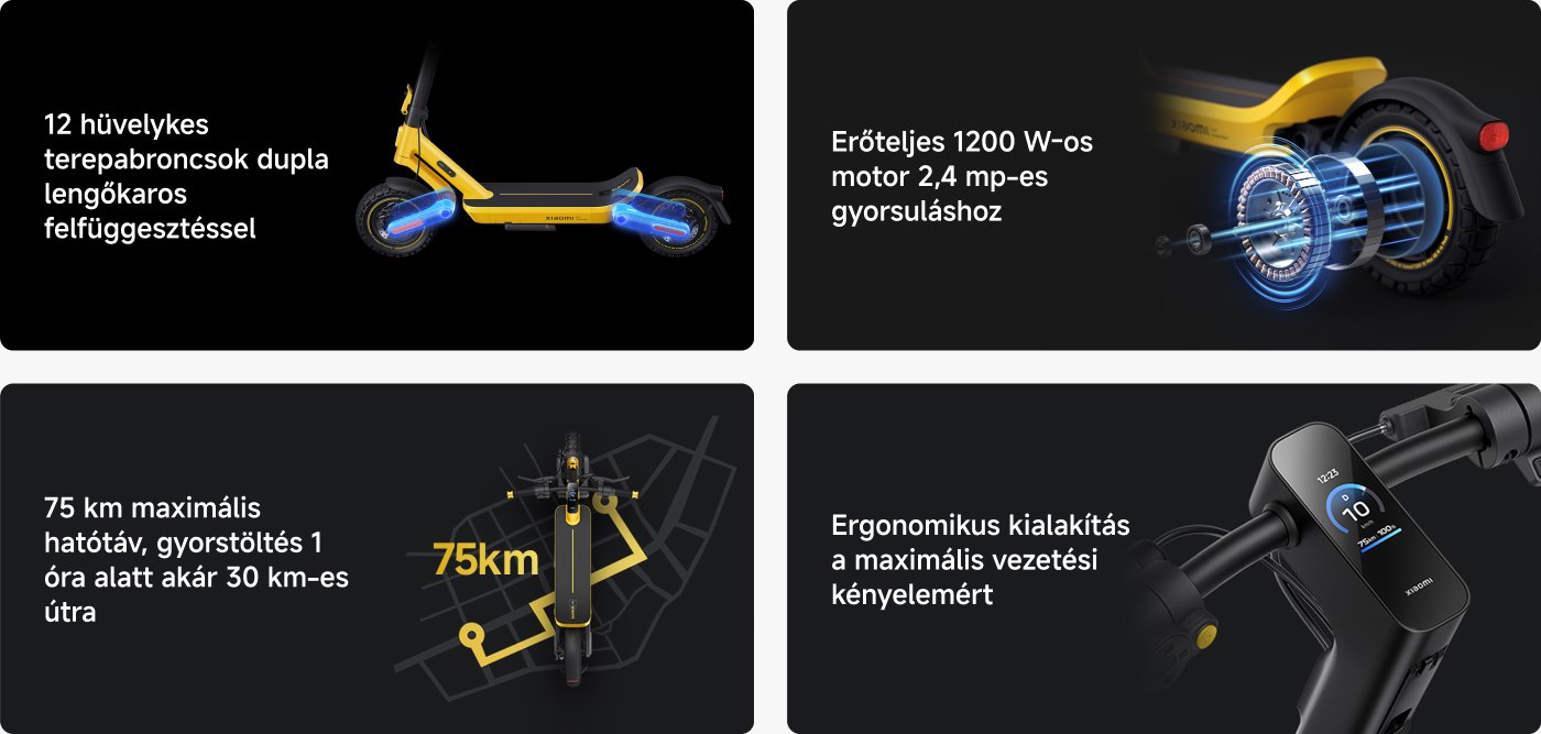 A kép egy Xiaomi elektromos robogót mutat be, amelynek különböző specifikációi kiemeltek. A legfontosabb pontok a következők:

- 12 hüvelykes off-road gumik kettős lengéscsillapítókkal.
- Egy erős 1200 W-os motor, amely 2,4 másodperc alatt gyorsít.
- Maximális hatótávolság 75 km, gyors töltéssel, amely 30 km-es utazást biztosít egy óra alatt.
- Ergonomikus kialakítás az optimális vezetési kényelem érdekében.