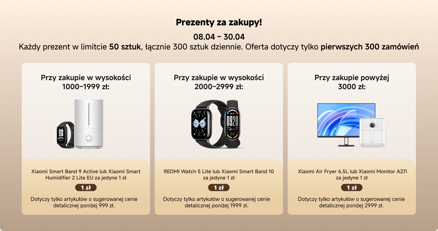 Promocja zakupowa trwająca od 08.04 do 30.04 oferuje prezenty w ograniczonej liczbie. Przy zakupach:

- 1000-1999 zł: Xiaomi Smart Band 9 Active lub Xiaomi Smart Humidifier 2 Lite za 1 zł.
- 2000-2999 zł: REDMI Watch 5 Lite lub Xiaomi Smart Band 10 za 1 zł.
- Powyżej 3000 zł: Xiaomi Air Fryer 6.5L lub Xiaomi Monitor A27i za 1 zł.

Każdy prezent dostępny w limicie 50 sztuk, łącznie 300 sztuk dziennie, tylko dla pierwszych 300 zamówień.