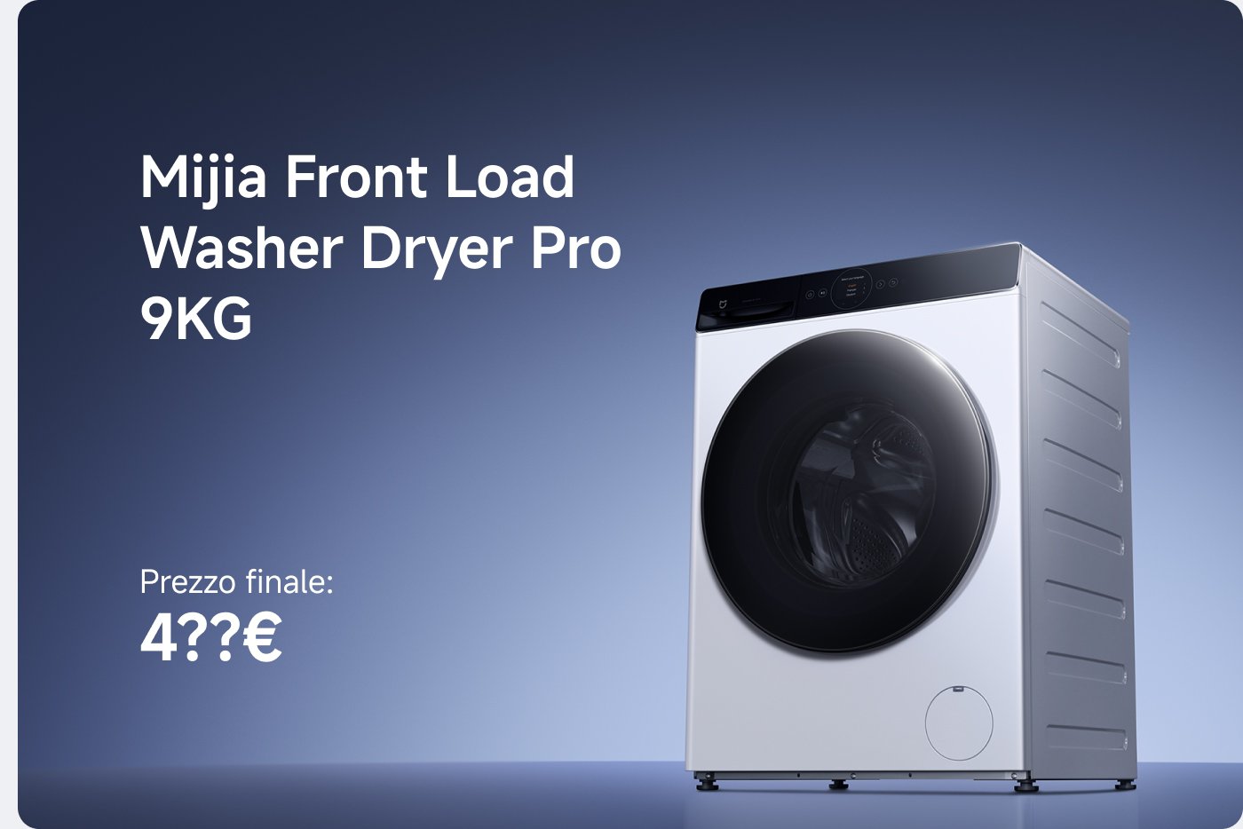 Una lavatrice asciugatrice Mijia da 9 kg, con sfondo a gradiente, che mostra l'aspetto e le funzionalità del prodotto, con informazioni sul prezzo nella parte inferiore.