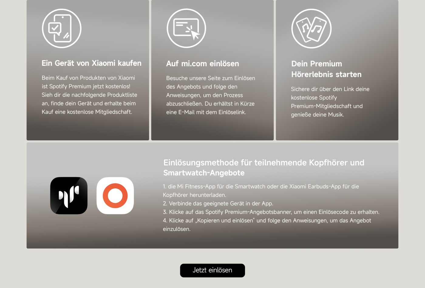 Beim Kauf von Xiaomi-Produkten erhalten Sie ein kostenloses Spotify Premium-Abonnement. Besuchen Sie mi.com für detaillierte Informationen und um den Registrierungsprozess abzuschließen. Folgen Sie den Schritten, um Ihr Gerät in der Mi Fitness- oder Xiaomi Earbuds-App zu verbinden, erhalten Sie den Gutscheincode und genießen Sie die Musik.