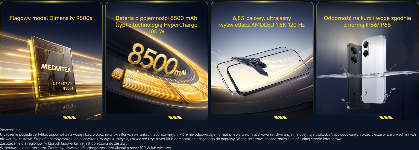 Obraz zawiera informacje o smartfonie z następującymi cechami:

- **Procesor**: MediaTek Dimensity 9500s
- **Bateria**: 8500 mAh z technologią HyperCharge (100W)
- **Wyświetlacz**: 6,83-calowy ekran AMOLED o rozdzielczości 1.5K i częstotliwości odświeżania 120 Hz
- **Trwałość**: Klasa odporności na wodę i pył IP66/IP68

Są również ostrzeżenia związane z odpornością urządzenia na wodę i pył oraz zalecenia dotyczące korzystania z oficjalnej ładowarki.