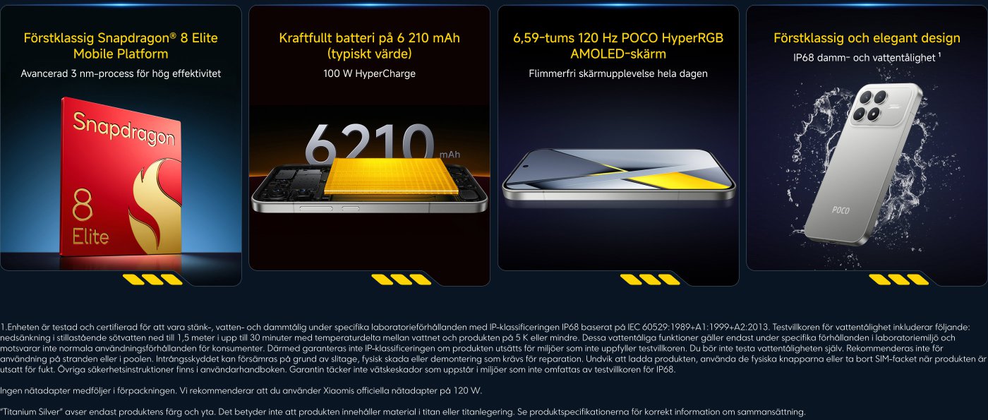 Den effektiva Snapdragon® 8 Elite-mobilplattformen använder en avancerad 3nm-process. Utrustad med ett 6210 mAh-batteri som stöder 100W HyperCharge snabbladdning. 6,59 tum 120Hz POCO HyperRGB AMOLED-skärm ger en visuell upplevelse utan flimmer hela dagen. IP68 damm- och vattentålig design.