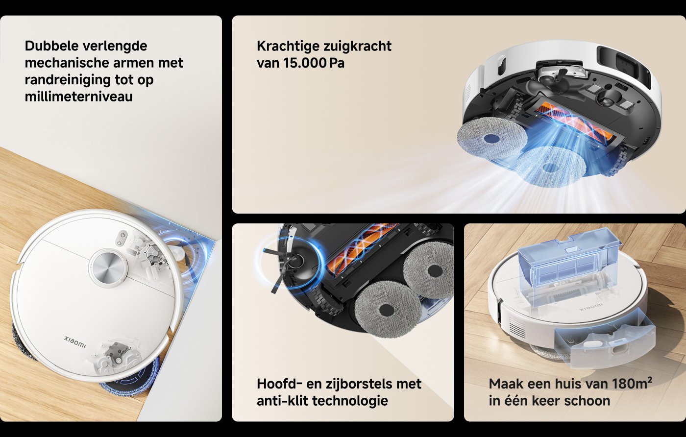 Slimme stofzuigerrobot, uitgerust met dubbele mechanische armen voor nauwkeurige reiniging, krachtige zuigkracht tot 15000Pa, hoofdborstel en zijborstel maken gebruik van anti-verstrikkings-technologie en kunnen in één keer 180 vierkante meter aan woningen schoonmaken.