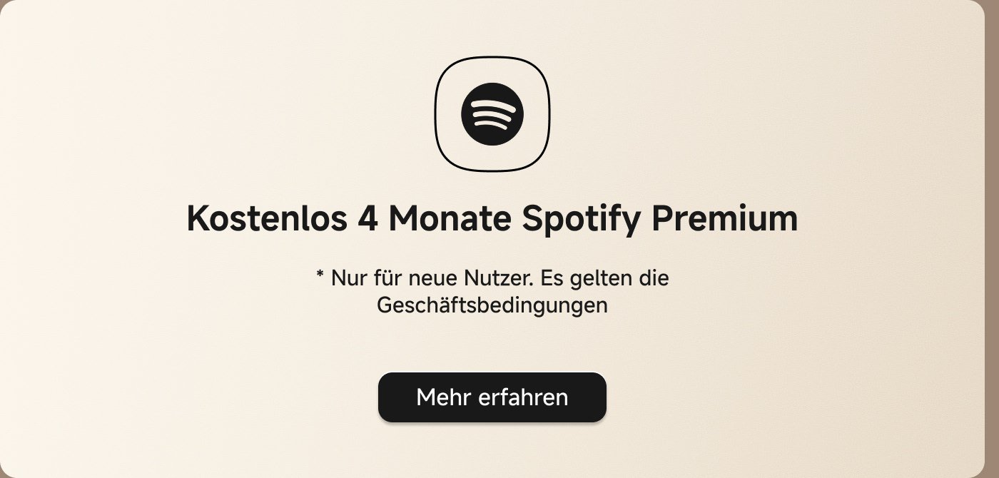 Kostenlos 4 Monate Spotify Premium * Nur für neue Nutzer. Es gelten die Geschäftsbedingungen. Mehr erfahren.