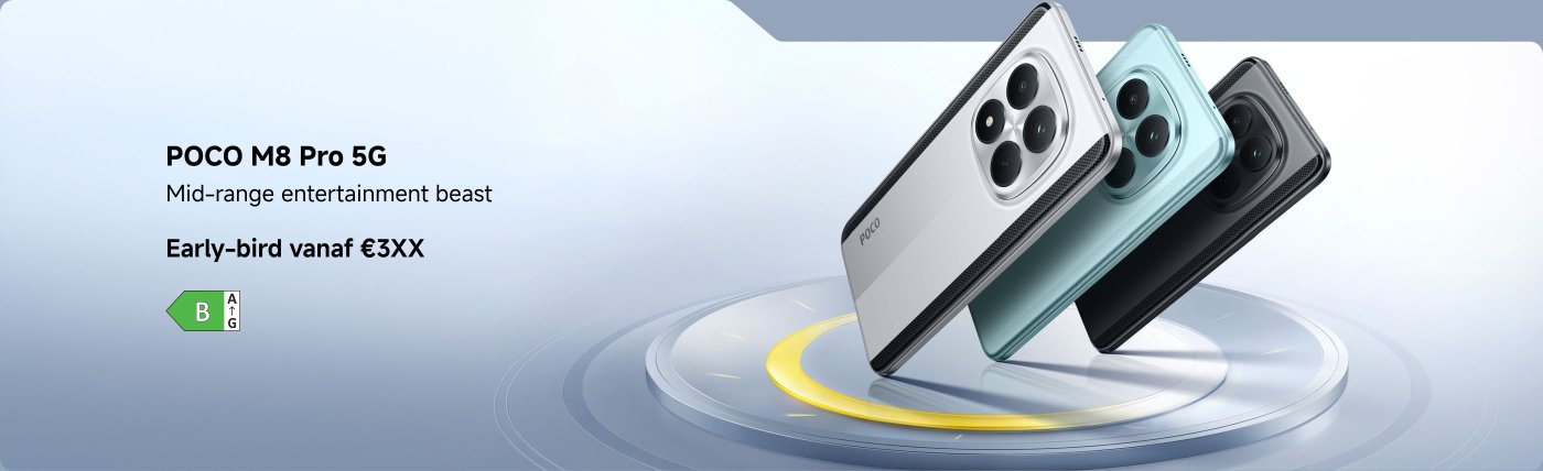 POCO M8 Pro 5G-telefoon presentatie, verkrijgbaar in drie kleuren, met een eenvoudige ontwerp achtergrond. Tekst informatie omvat "mid-range entertainment monster" en "vroege vogel prijs vanaf €3XX".