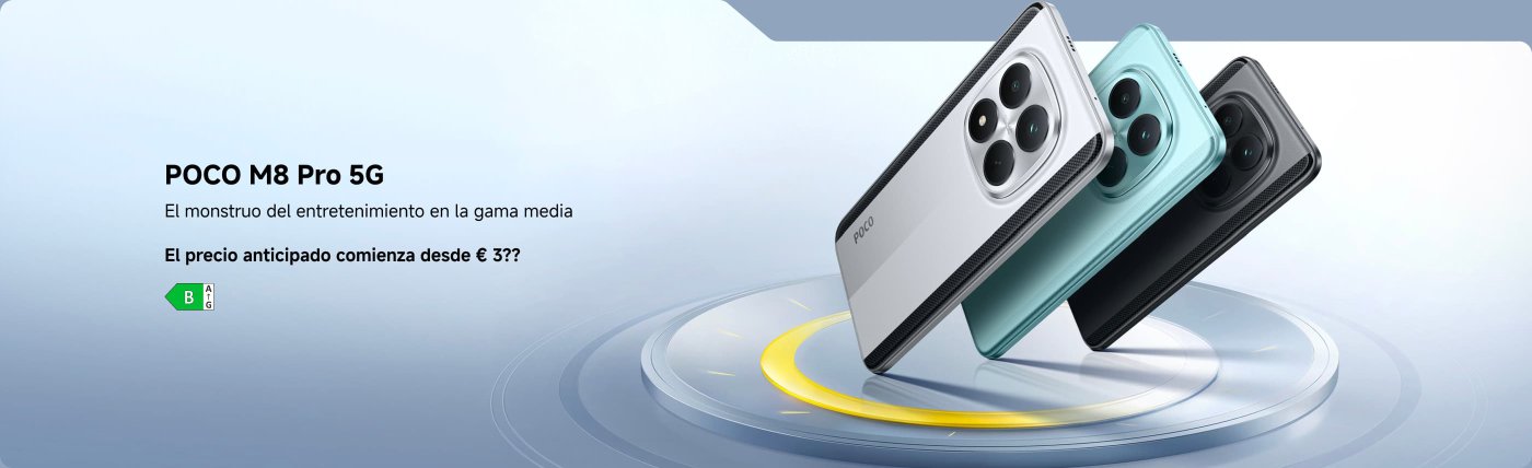 El teléfono Poco M8 Pro 5G se presenta como un fuerte competidor en el mercado de gama media para el entretenimiento. El texto menciona que el precio de lanzamiento comienza desde €??. El teléfono se ofrece en colores plateado, azul y negro, con un fondo de suave degradado azul.