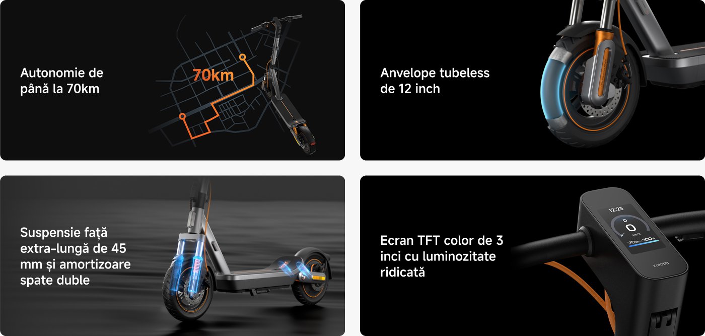 Caracteristicile scuterului electric includ o autonomie de până la 70 km, pneuri fără cameră de 12 inch, o suspensie frontală extra-lungă de 45 mm cu șocuri duble în spate și un ecran color TFT de 3 inch cu luminozitate ridicată.