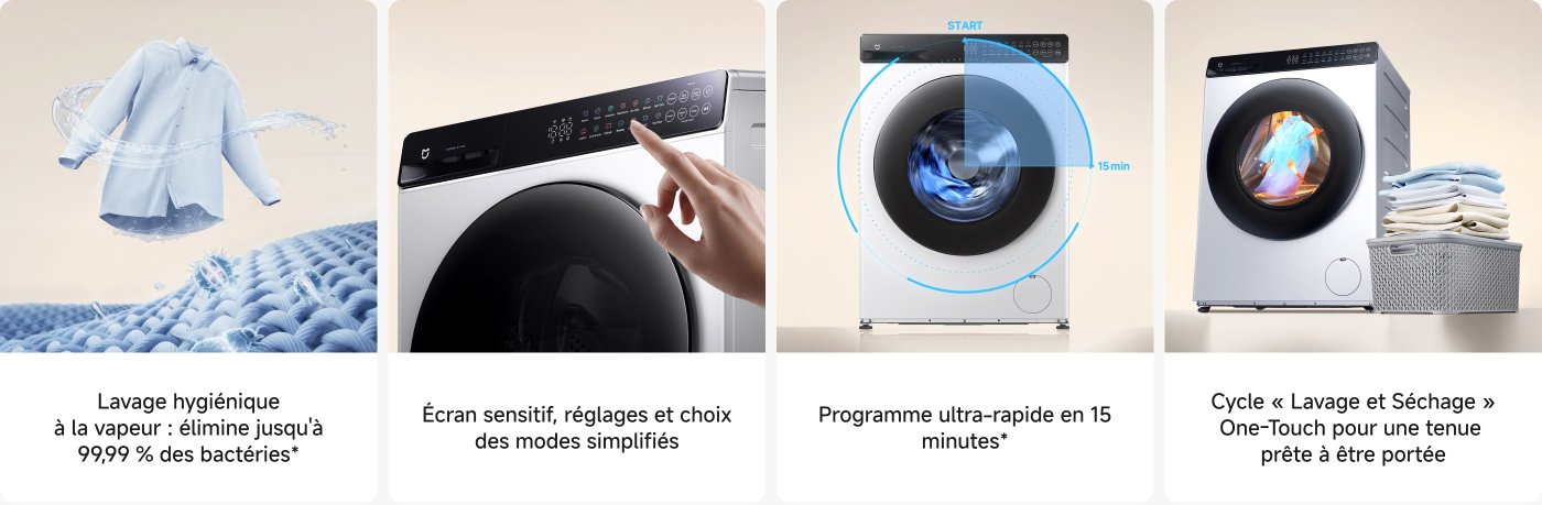 L'image montre quatre parties liées à l'assainisseur d'air pour animaux de compagnie. En haut à gauche se trouve un assainisseur d'air blanc, avec deux chats à côté ; en haut à droite, la fonction d'absorption rapide des odeurs d'animaux est décrite ; en bas à gauche, une personne est montrée avec un chat, soulignant la capacité à filtrer efficacement les allergènes ; en bas à droite, le filtre de l'assainisseur d'air et ses fonctions sont présentés.