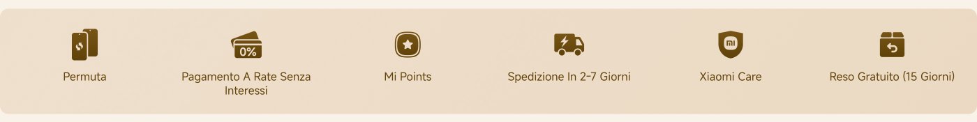 L'immagine mostra diverse icone di servizio e le relative descrizioni in italiano. I servizi includono:

1. **Permuta** - Trade-in
2. **Pagamento a Rate Senza Interessi** - Interest-free installment payment
3. **Mi Points** - Loyalty points program
4. **Spedizione In 2-7 Giorni** - Shipping in 2-7 days
5. **Xiaomi Care** - Customer care service
6. **Reso Gratuito (15 Giorni)** - Free return within 15 days