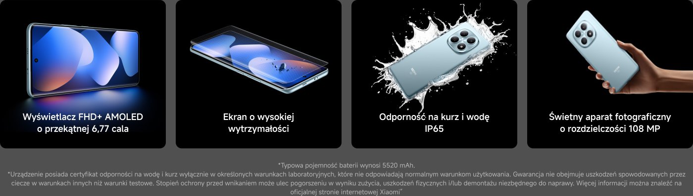 Obraz przedstawia projekt promocyjny smartfona, który eksponuje jego kluczowe specyfikacje. Podkreśla:

- Duża bateria 6500 mAh z technologią 100W HyperCharge.
- Wyświetlacz AMOLED CrystalRes 1.5K o przekątnej 6,83 cala z ultra-jasnością 3200 nitów.
- Procesor Snapdragon 7s Gen 4.
- Aparat 50 MP Light Fusion 800 z OIS.
- Wodoodporność i odporność na kurz z oceną IP68.
- Szkło Corning Gorilla Glass Victus 2 dla większej trwałości.
