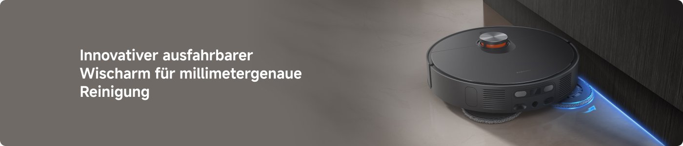 Ein Saugroboter steht auf einem glatten Boden, nahe einer Wand. Der Roboter hat einen ausfahrbaren Wischarm und leuchtet an der Unterseite. Darunter steht der Text: "Innovativer ausfahrbarer Wischarm für millimetergenaue Reinigung."