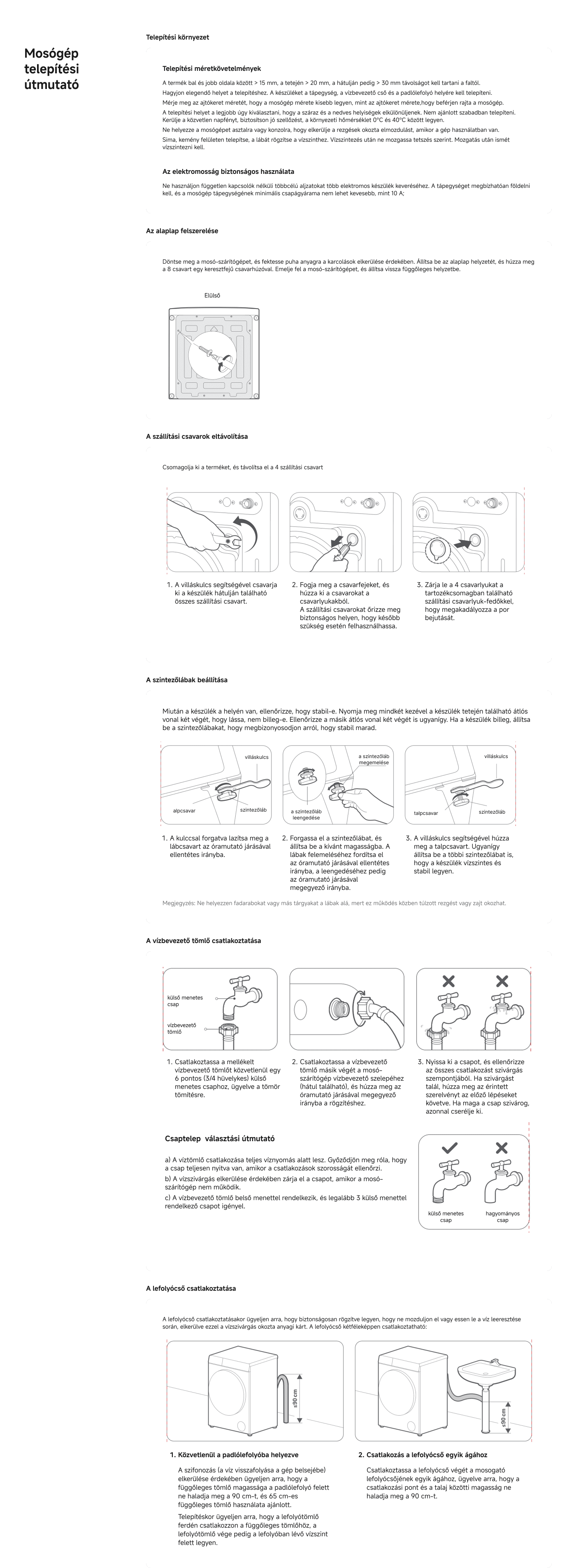 A dokumentum tartalmazza a telepítési utasításokat magyar nyelven, amelyek részletezik az eszköz csatlakoztatásának és használatának lépéseit. Tartalmazza a különböző csatlakozási pontokat illusztráló diagramokat, mint például az elektromos és vízcsatlakozásokat, valamint konkrét útmutatást a megfelelő illesztések biztosításáról és a szivárgások megelőzéséről. Továbbá kiemeli a biztonsági intézkedéseket és a hibaelhárítási tippeket a telepítéshez.