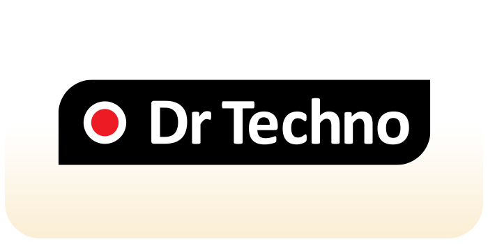 Лого са текстом "Dr Techno" са црвеном тачком, постављеним на црну позадину. Дизајн је једноставан и модеран, истичући назив бренда.