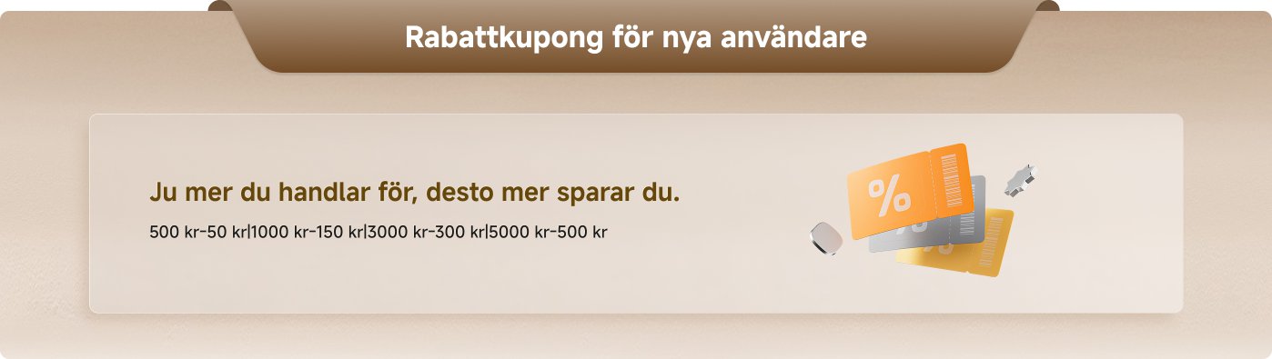 Rabattkupong för nya användare med information om rabatter beroende på köpbelopp. Ju mer du handlar, desto mer sparar du. Rabatter inkluderar: 50 kr vid 500 kr, 150 kr vid 1000 kr, 300 kr vid 3000 kr, och 500 kr vid 5000 kr.