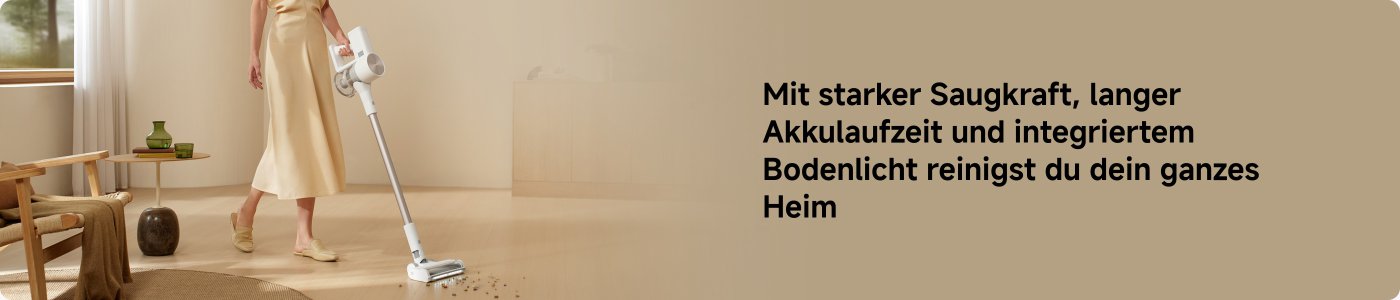 A woman with a vacuum cleaner is cleaning the floor in a bright room. The vacuum cleaner has strong suction power, long battery life, and an integrated floor light.