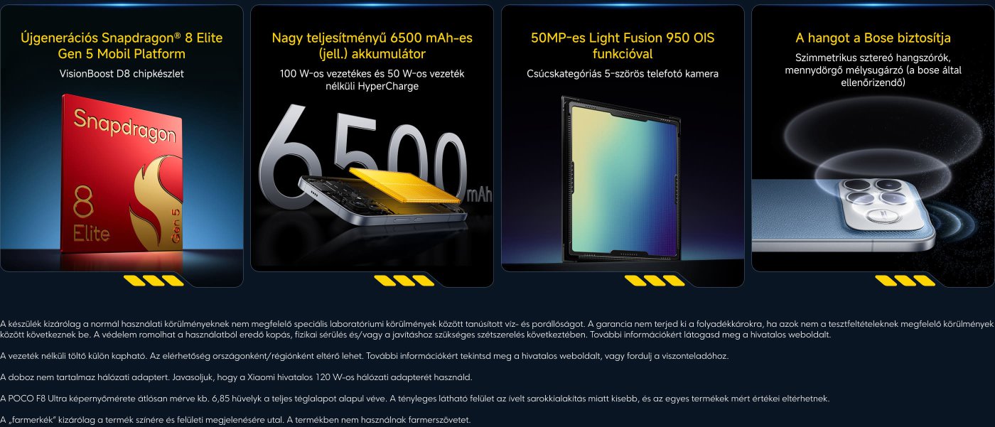 Az új generációs Snapdragon® 8 Elite Gen 5 mobilplatform 6500 mAh nagy kapacitású akkumulátorral rendelkezik, támogatja a 100W-os vezetékes és 50W-os vezeték nélküli gyors töltést. A legjobb 50MP Light Fusion 950 OIS kamera, a hangzás pedig a Bose által biztosított, garantálva a kiváló hangminőséget.