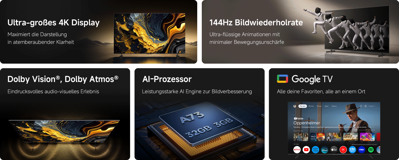 Dieses Bild zeigt die Eigenschaften eines Fernsehers, einschließlich eines übergroßen 4K-Displays, Dolby Vision und Dolby Atmos-Audio, einer Bildwiederholfrequenz von 144 Hz, einem leistungsstarken KI-Prozessor und Google TV-Funktionen, die eine hochwertige visuelle und akustische Erfahrung bieten und es den Nutzern erleichtern, auf verschiedene Inhalte zuzugreifen.