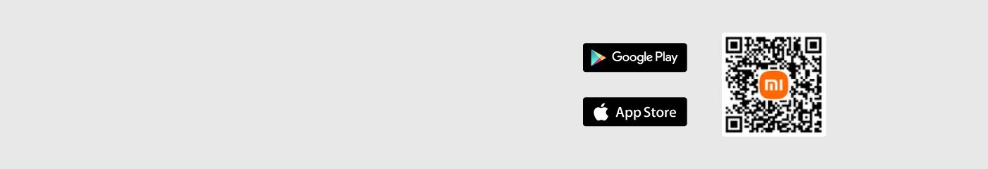 Inclusief downloadknoppen voor Google Play en de App Store, evenals een QR-code van Xiaomi. De achtergrond is lichtgrijs.