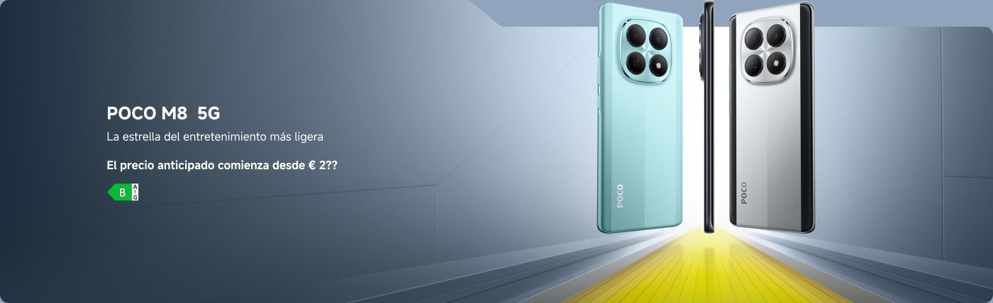 La exhibición del teléfono Poco M8 5G muestra, a la izquierda, un cuerpo azul y a la derecha, un cuerpo negro, con un fondo de color degradado. En la parte inferior hay un nombre de producto y un aviso de precio. El texto menciona "estrella de entretenimiento ligera" y señala que "el precio se espera que comience desde €2??".