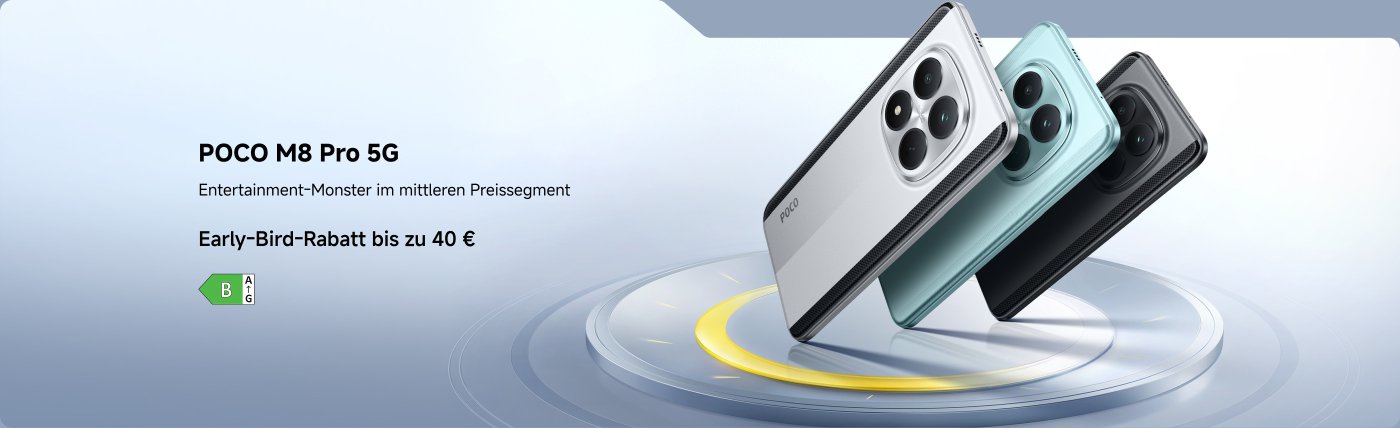 Die POCO M8 Pro 5G-Smartphone-Präsentation zeigt die Rückseite des Handys in drei verschiedenen Farben. Der Slogan erwähnt, dass dieses Smartphone ein Mittelklasse-Entertainment-Monster ist und einen Frühbucherrabatt von bis zu 40 Euro bietet.