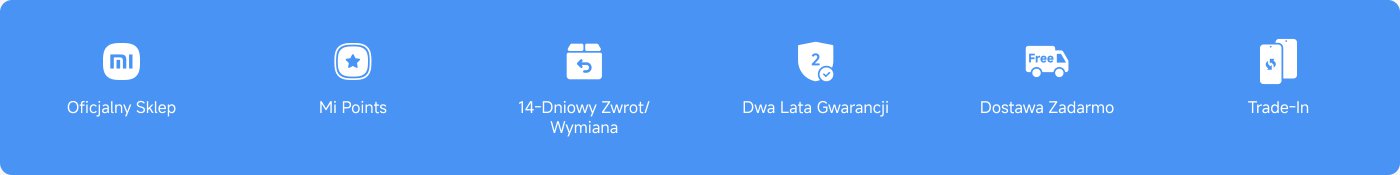 Obraz zawiera kilka ikon i tekstów związanych z internetowym sklepem lub usługą. Kluczowe cechy wyróżnione to:

- Oficjalny Sklep
- Punkty Mi
- Polityka zwrotu/wymiany w ciągu 14 dni
- Dwuletnia gwarancja
- Darmowa dostawa
- Opcja wymiany

Ogólny projekt ma niebieskie tło z białymi ikonami i tekstem.