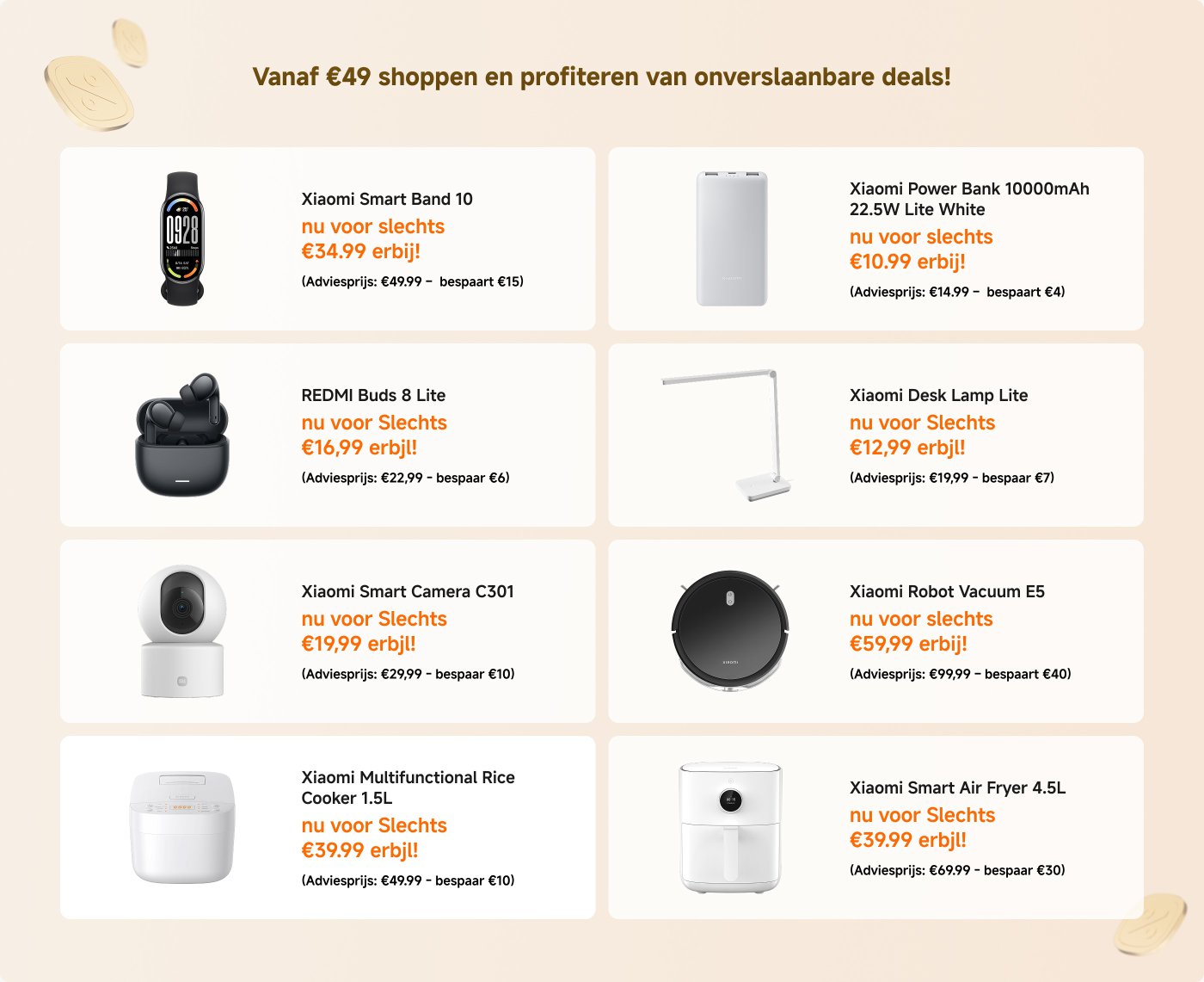 Aanbiedingsinformatie met kortingen op verschillende Xiaomi-producten, zoals de Xiaomi Robotstofzuiger, de Mi Casual Backpack en de Redmi-oordopjes, benadrukt dat je vanaf 49 euro kunt winkelen voor geweldige aanbiedingen.
