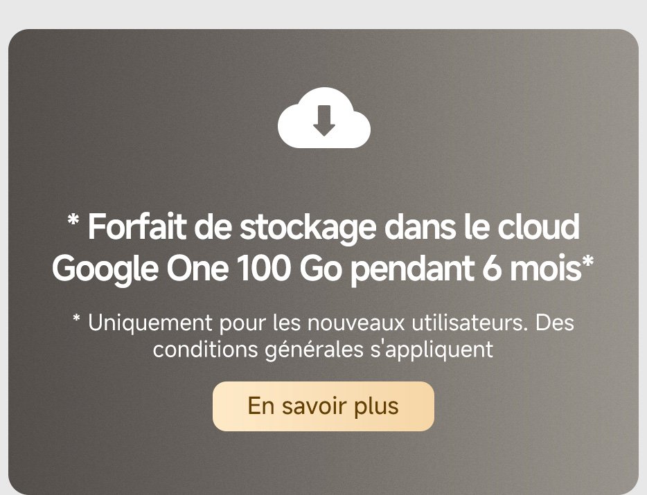 *Forfait de stockage dans le cloud Google One 100 Go pendant 6 mois*