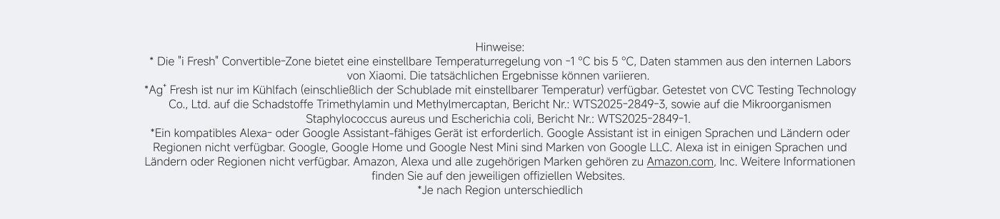 Flexible Kühlung von -1 °C bis 5 °C in der "i Fresh" Convertible-Zone für optimale Lagerung. Die Mijia Cross Door Kühl-Gefrierkombination 502L bietet große Kapazität und verschiedene Kühlmethoden. Ag+ Fresh Technologie minimiert Gerüche und hemmt Bakterien. Intelligente Steuerung über die Xiaomi Home App ermöglicht Fernzugriff. Doppelt Inverter für energiesparende und leise Kühlung.